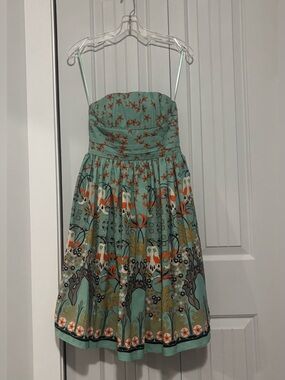 Angie Size Small Teal Blue Bold Floral Print Strapless A-Line Dress w/ Tulle